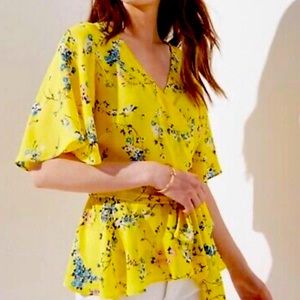 Ann Taylor LOFT Yellow Floral Flutter Sleeve Wrap Blouse